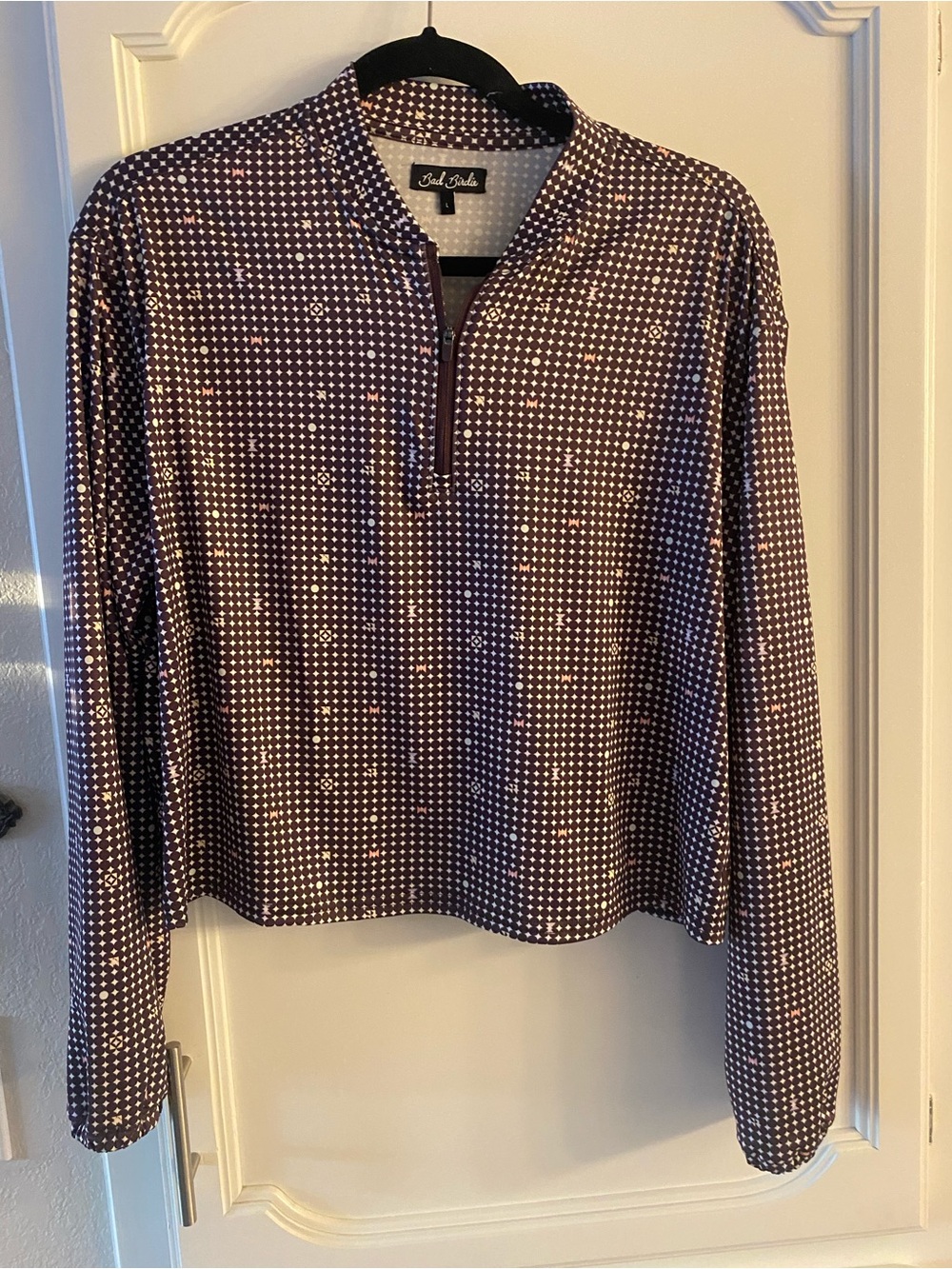 Bad Birdie Brown and White Geometric Zip Pullover